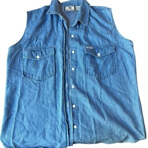VTG Bill Blass Blue Denim Sleeveless Pearl Button Down Shirt Womens L Indie West